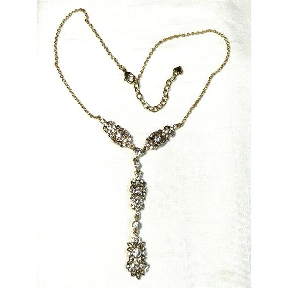 Carolee Y-Drop Crystal Flower Necklace - Gold Tone - Picture 1 of 10